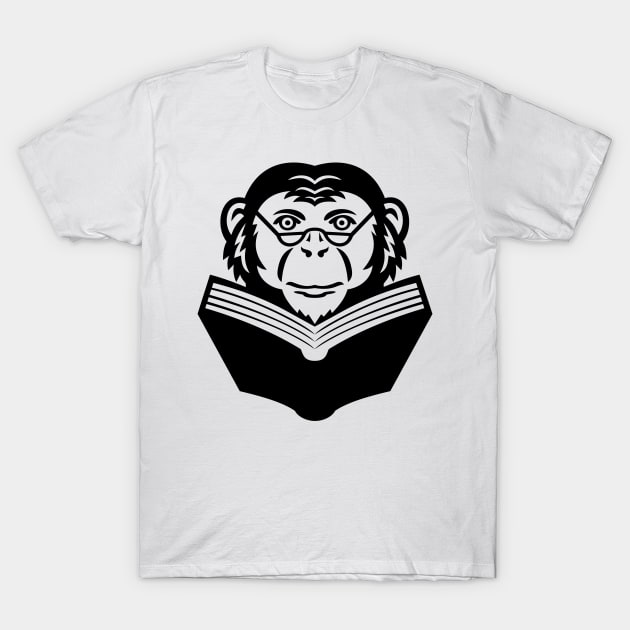 Chimpanzee Chimp Monkey Primate or Ape Wearing Glasses Reading Book Mascot Black and White T-Shirt by patrimonio